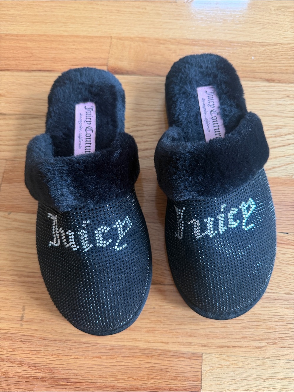 Juicy Couture Black  Faux-Fur Slip-On Slippers with Crystal 'Juicy' Logo